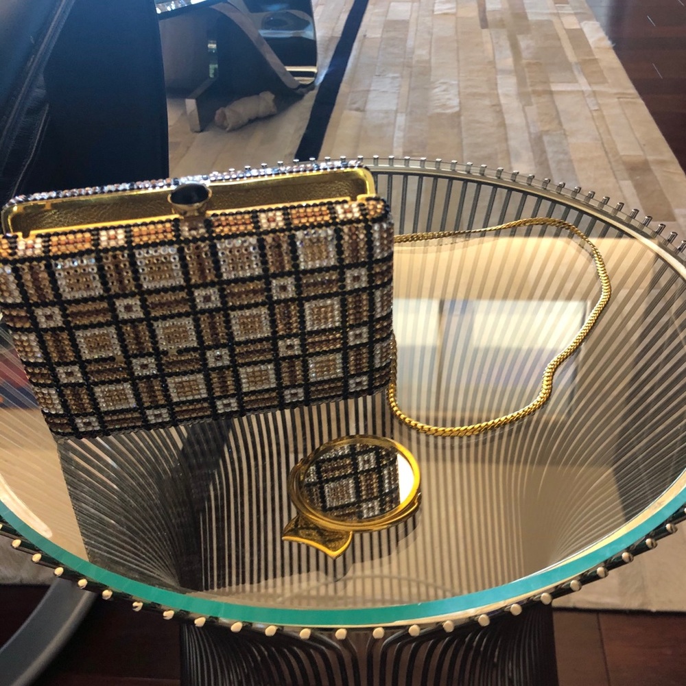 Rhinestone beaded clutch bag with strap and mirror